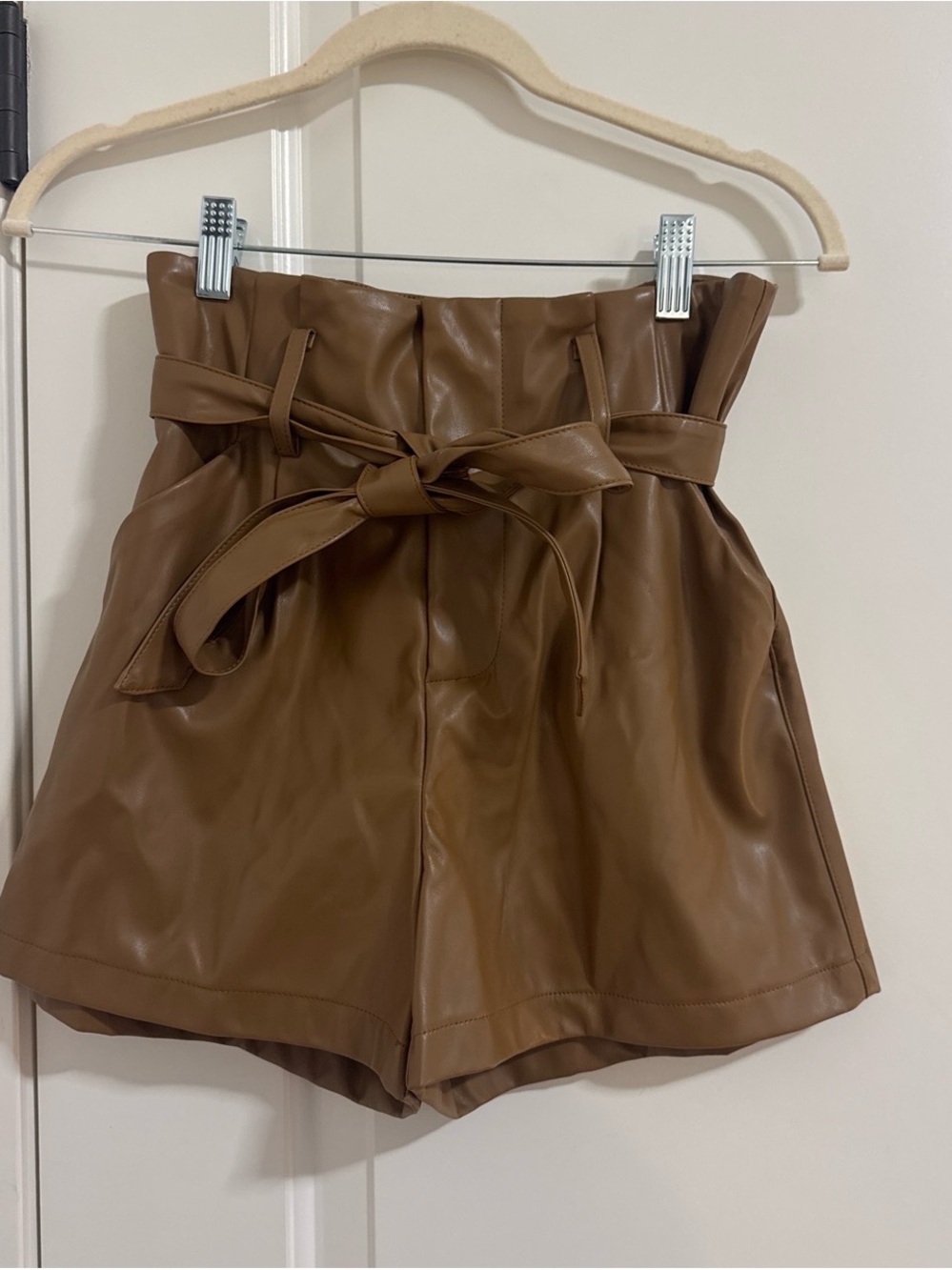Altar'd State Faux Leather High Waist Paperbag Shorts - Brown